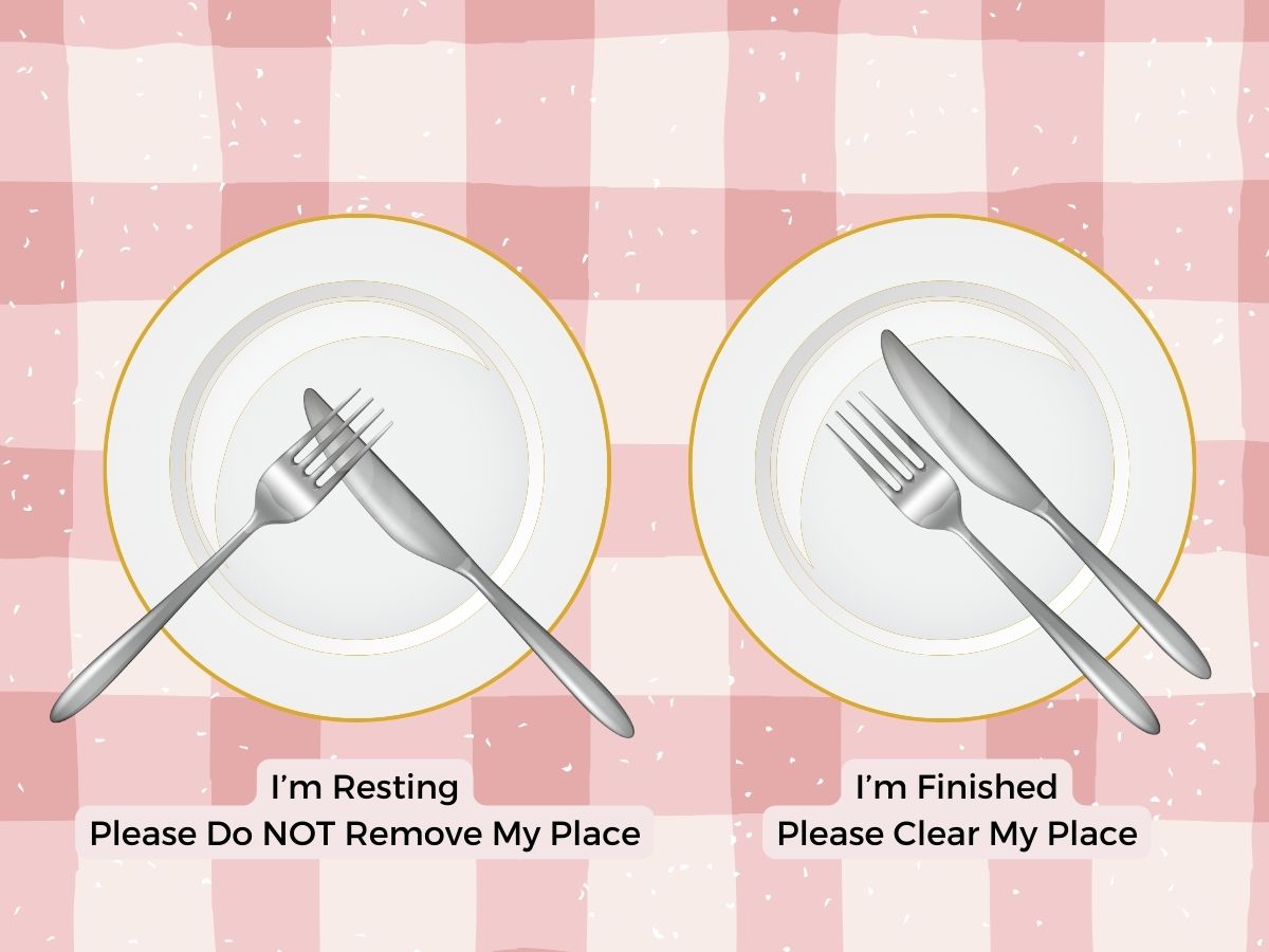 A visual guide to dining etiquette showing the "resting" and "finished" positions for cutlery on a plate.