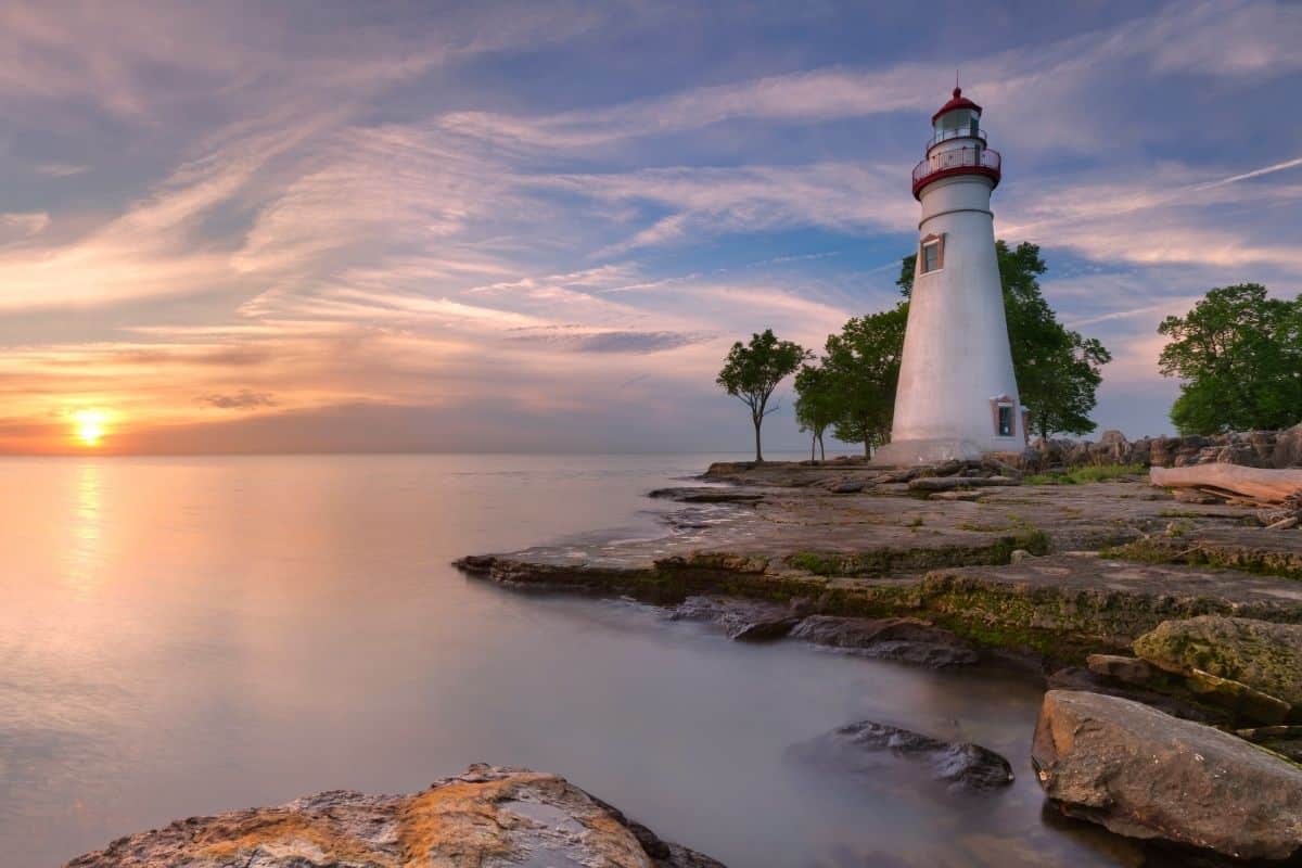 Lighthouse on Lake Erie in Ohio at sunset