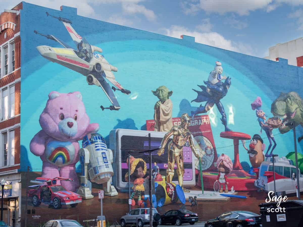 This mural with C3PO, a Care Bear, and Strawberry Shortcake honors Cincinnati's toy history