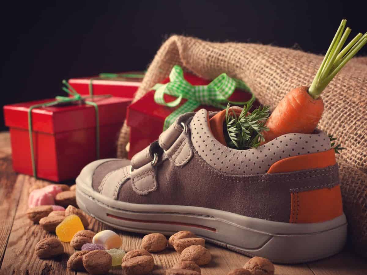 A pair of shoes filled with small gifts for Sinterklaas and his horse during Christmas in the Netherlands.