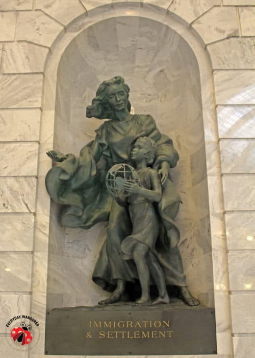 This bronze statue in a niche at the Utah State Capitol supports immigration and settlement.
