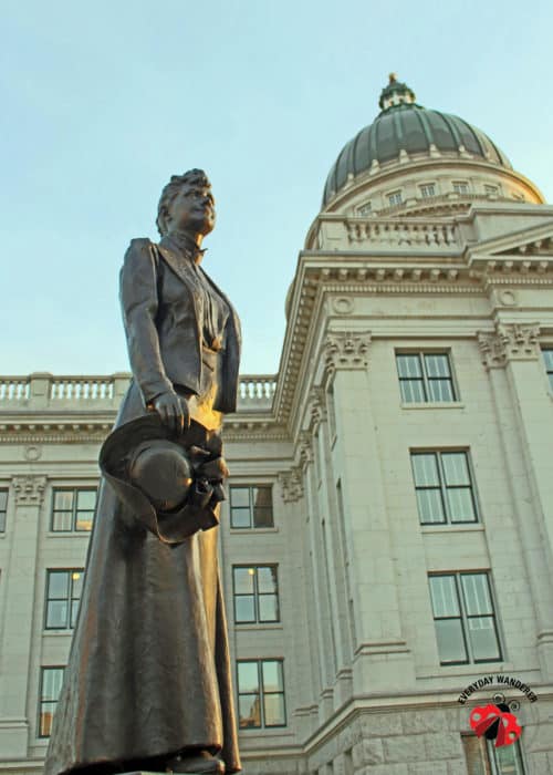 A statue of Dr. Martha Hughes Cannon outside the Utah State Capitol