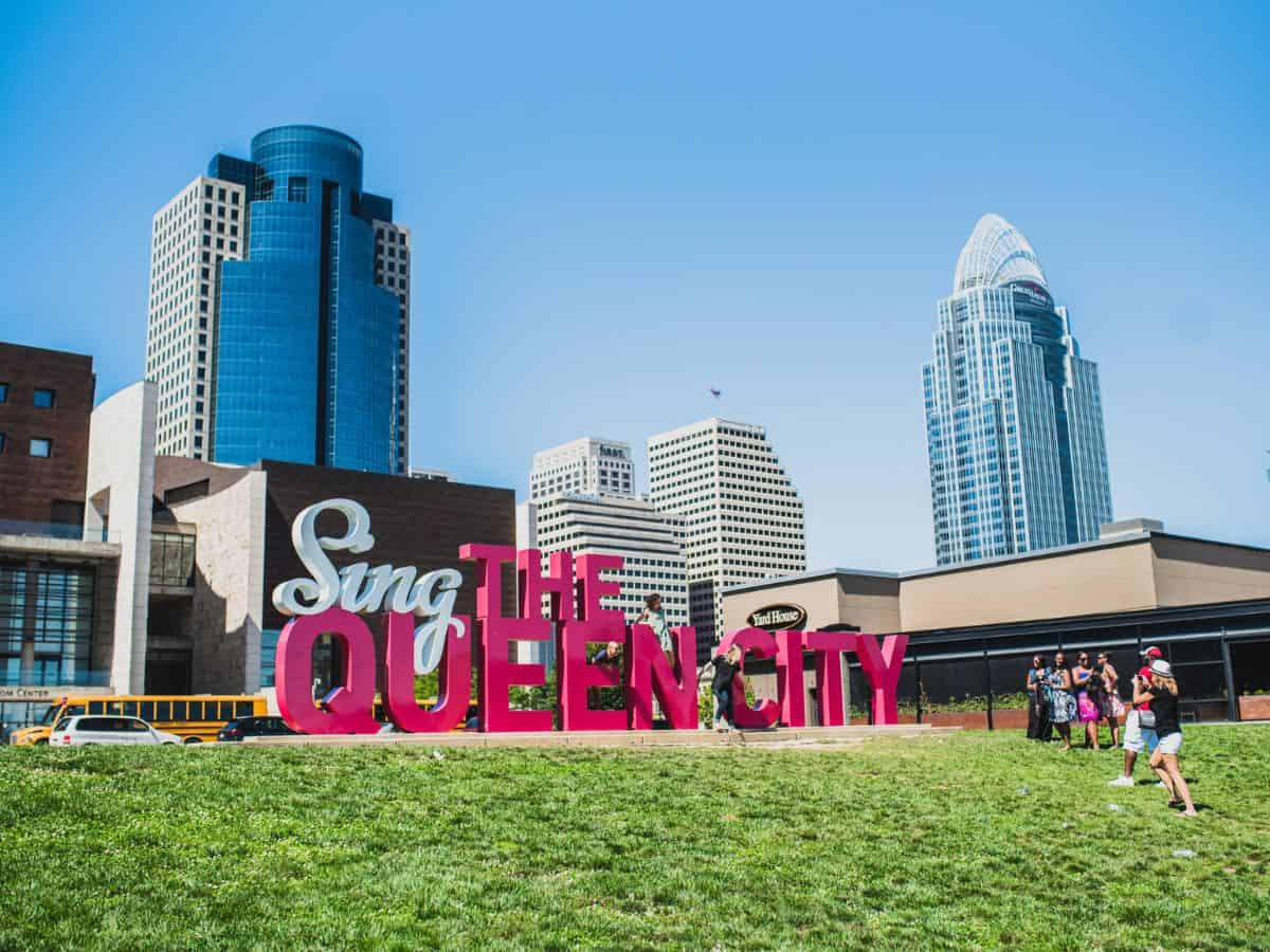 Sing the Queen City sign on the Cincinnati Riverfront