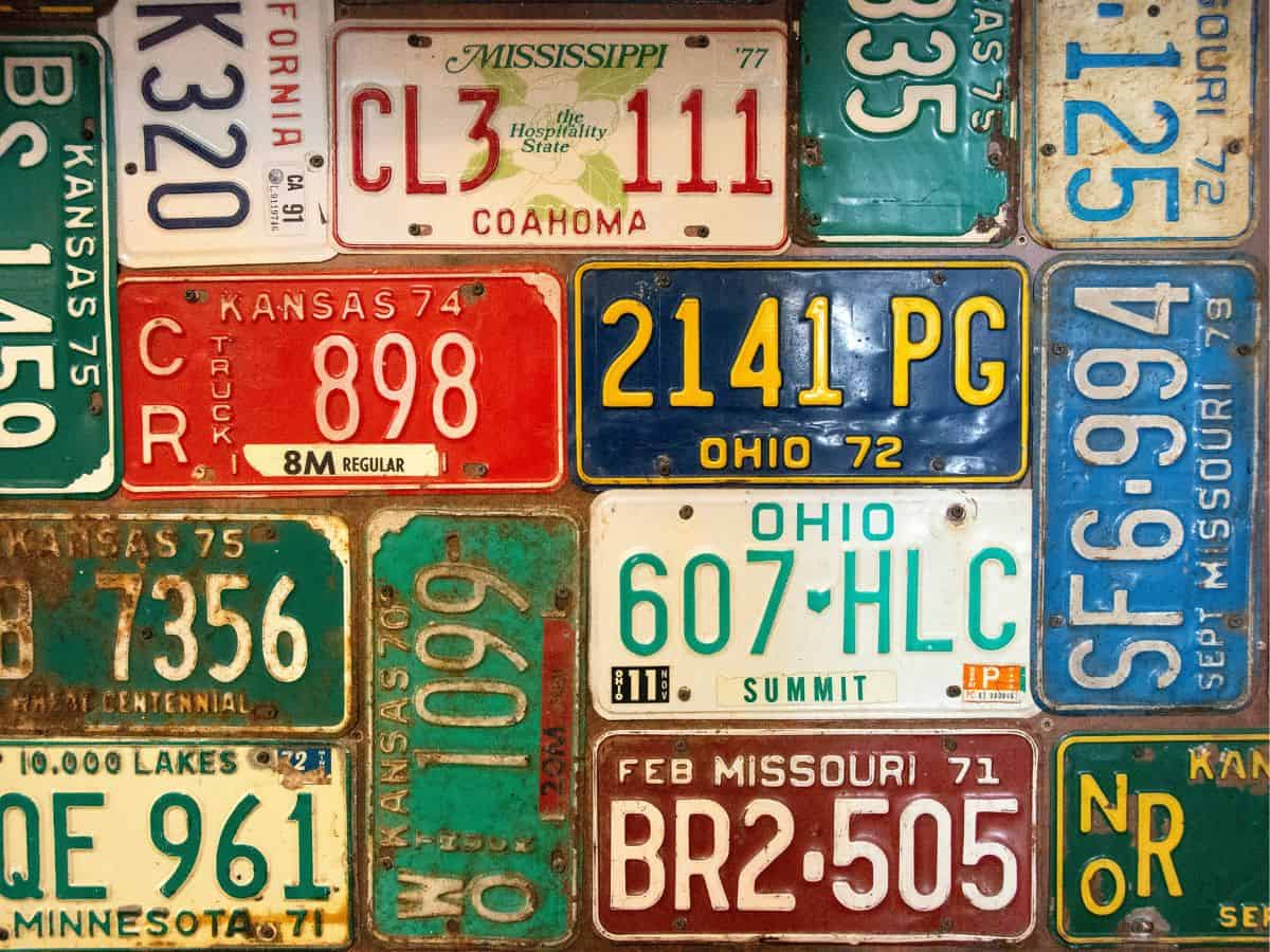 Wall of old license plates