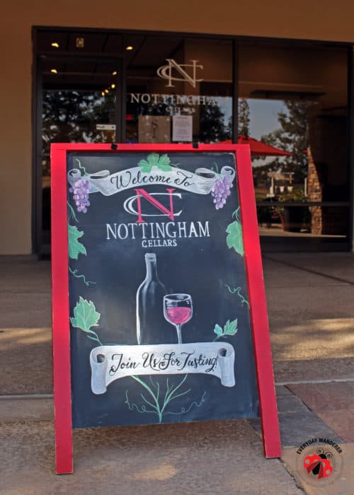 A sign outside the Nottingham Cellars tasting room in Livermore, CA.