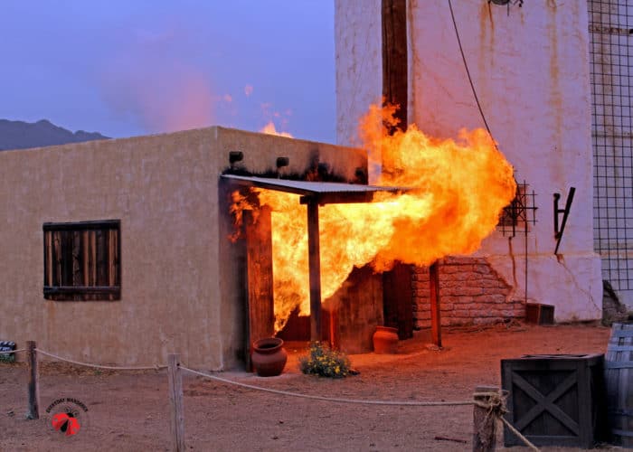 An explosion during the Hollywood stunt demonstration at Old Tucson