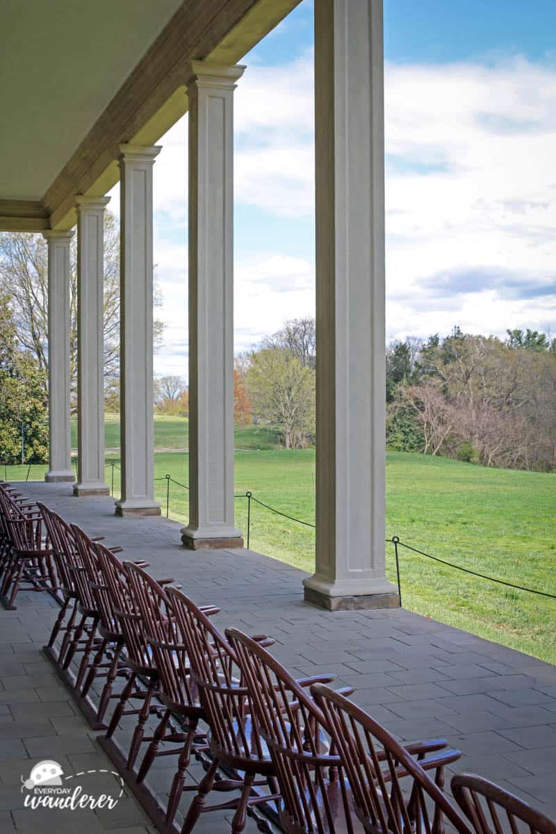 The beautiful back porch overlooking the Potomac River at George Washington's Mount Vernon home.