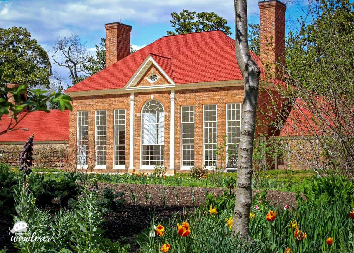 The red bricked exterior of the impressive greenhouse at Mount Vernon.