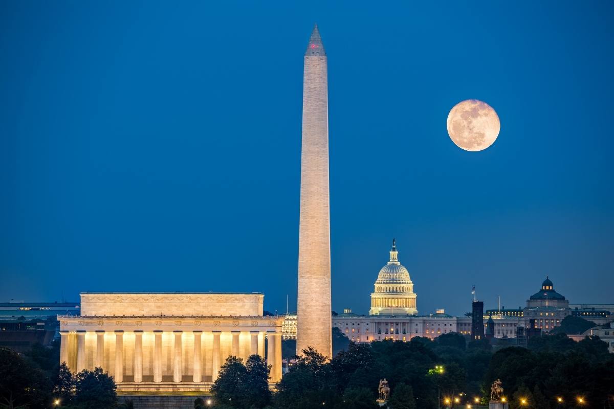 Lincoln Memorial, Washington Monument, and Capitol Building in Washington DC at night