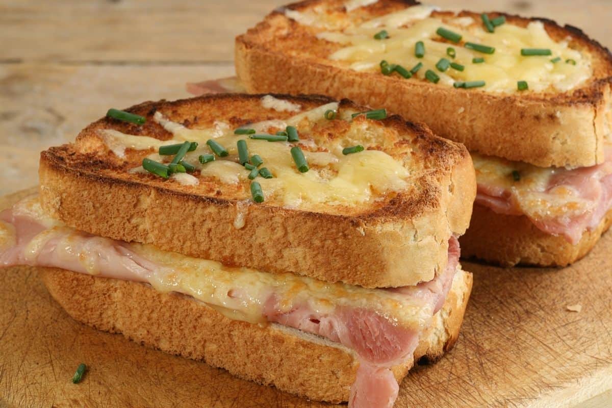 A croque monsieur, meat and cheese grilled between slices of French bread