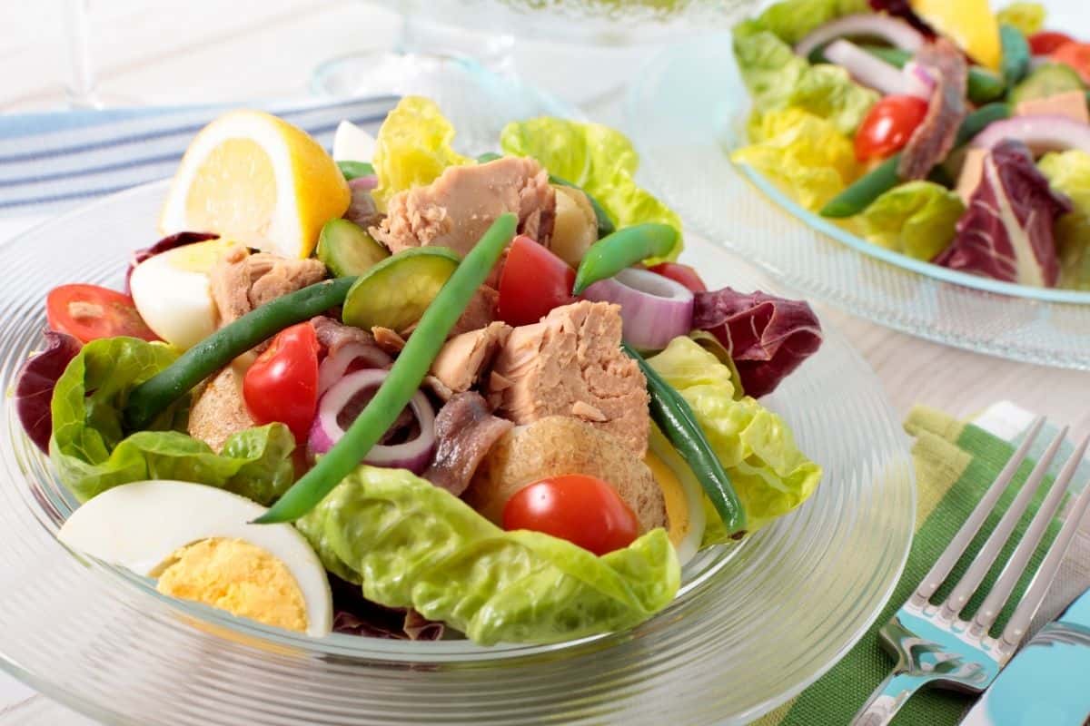 A plate of salade nicoise with a fork