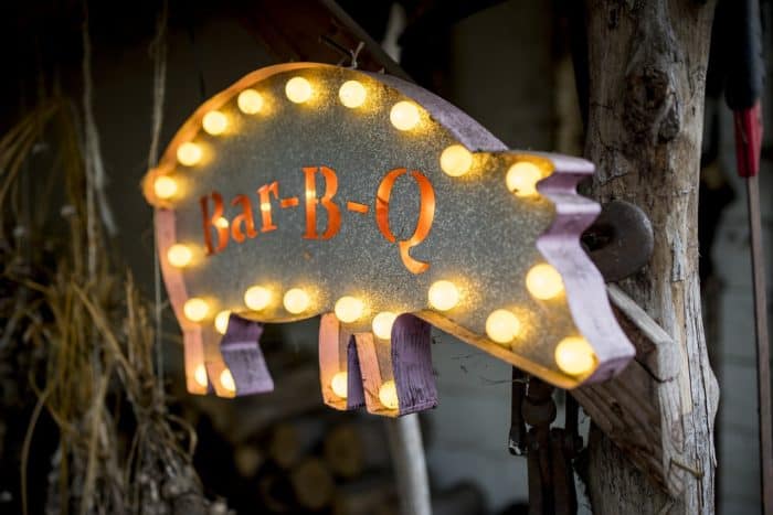Bar-B-Q sign of a pig with white lights