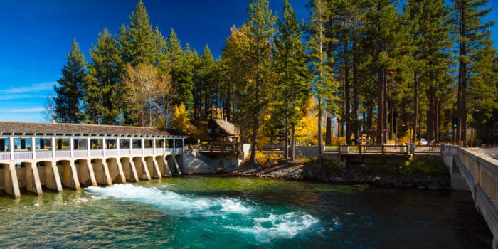 The Tahoe City Dam is along the Truckee River Bike Trail in California