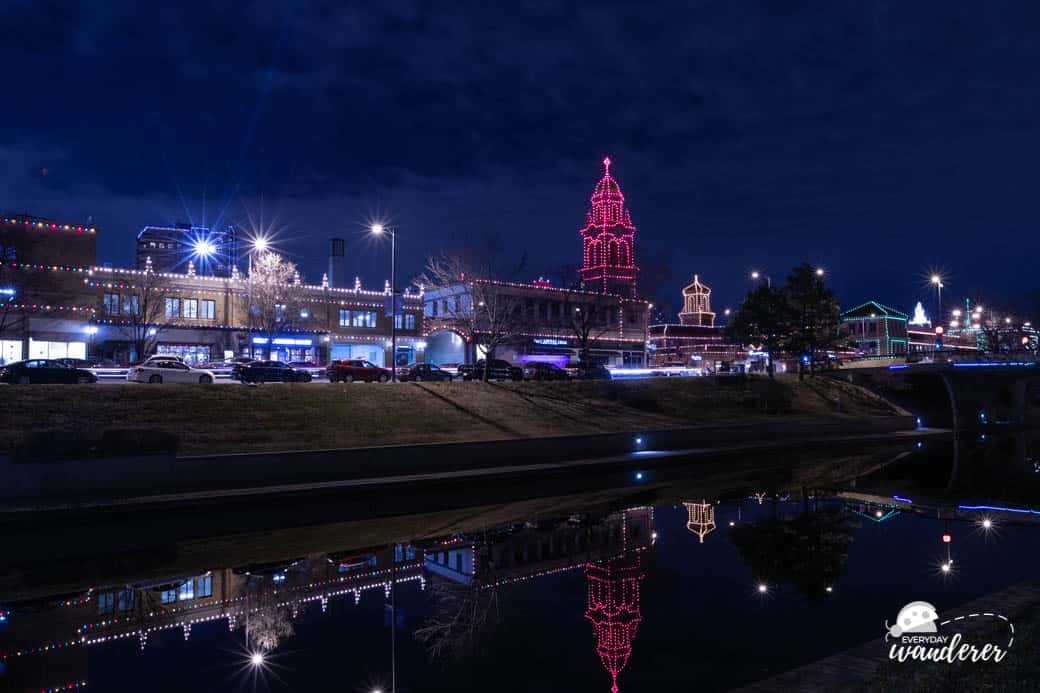 Across the Wornall Street Bridge, look for lights reflected in Brush Creek when you photograph the Country Club Plaza.