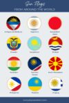 Illustration of sun flags from around the world, depicting colorful national flags from countries such as japan, argentina, philippines, among others, labeled by country.