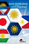 Educational poster illustrating various national flags with sun emblems and their meanings against a cloudy sky background.
