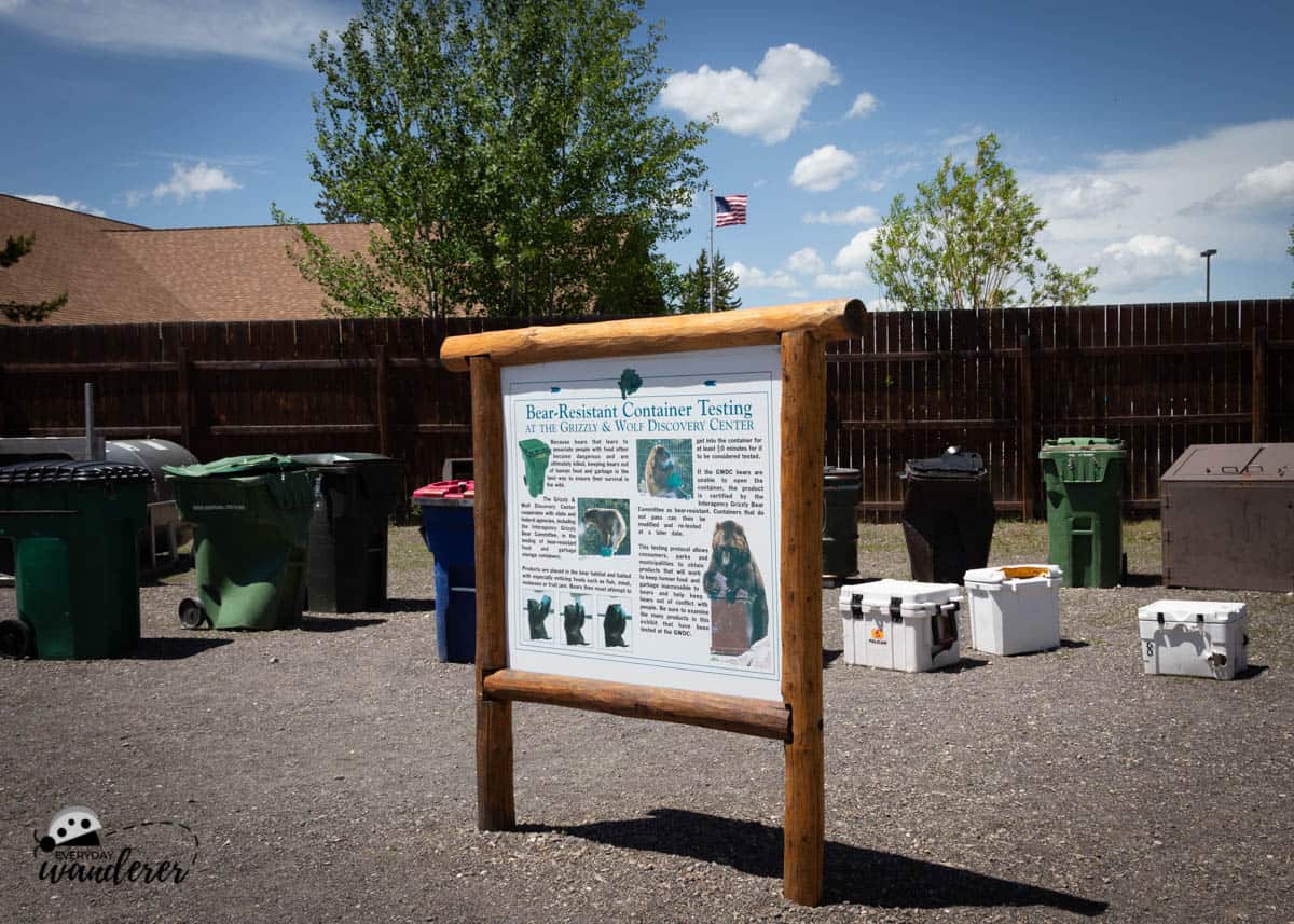 Containers tested by bears on display at the Grizzly & Wolf Discovery Center in West Yellowstone, Montana