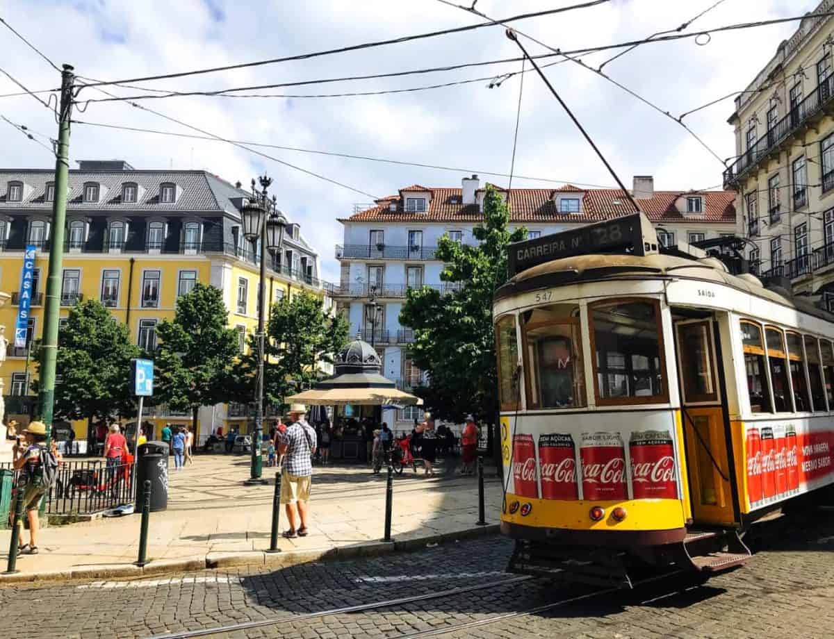 A remodelado tram in Chiado Lisbon Portugal is a classic Lisbon sight