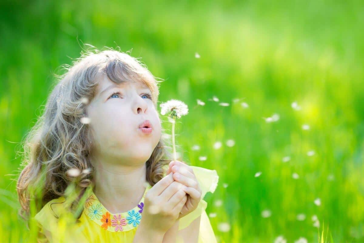 A girl blowing dandelion seeds in a green field.
