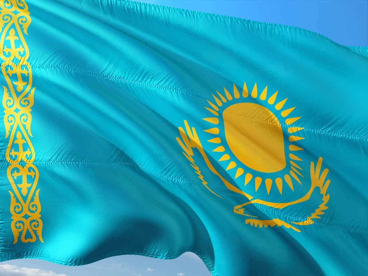 The sun in the center of the flag of Kazakhstan has 32 grain-shaped rays around a golden circle.