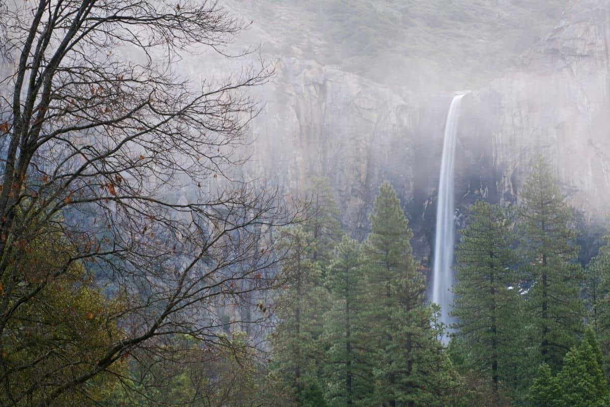 Bridalveil Fall on a foggy day in Yosemite National Park