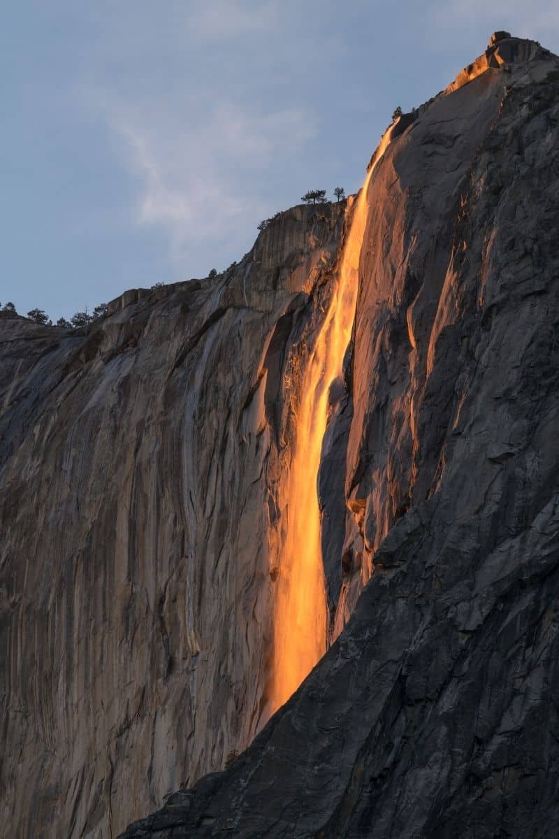 Horsetail Fall at Yosemite during Firefall when the setting sun illuminates the waterfall