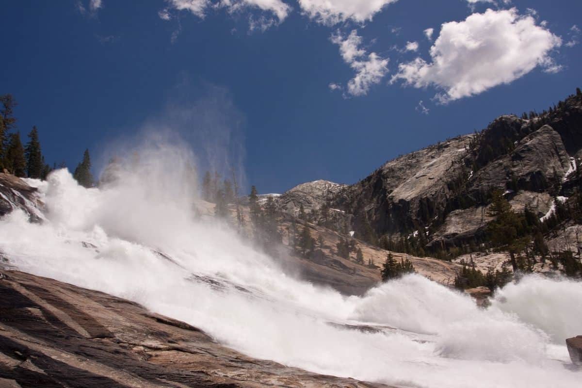 Yosemite's Waterwheel Falls under a beautiful blue sky