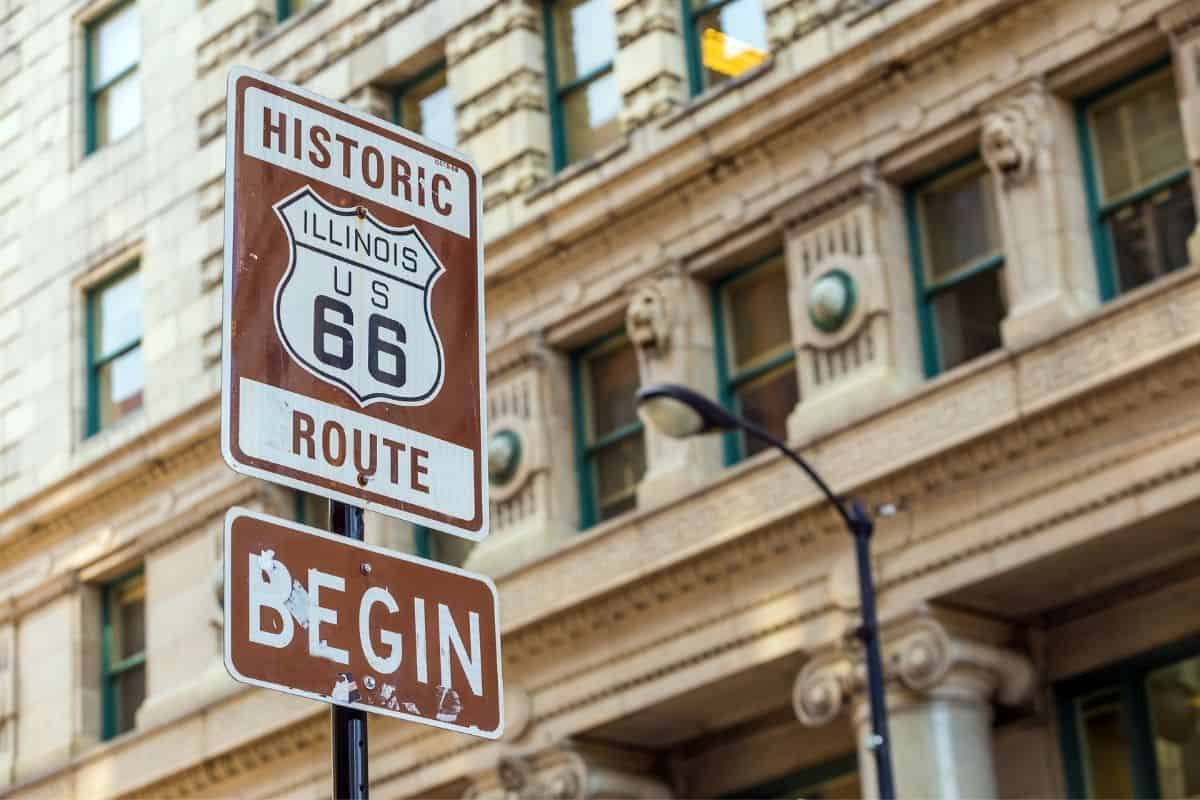 Sign in downtown Chicago markting the start of Route 66
