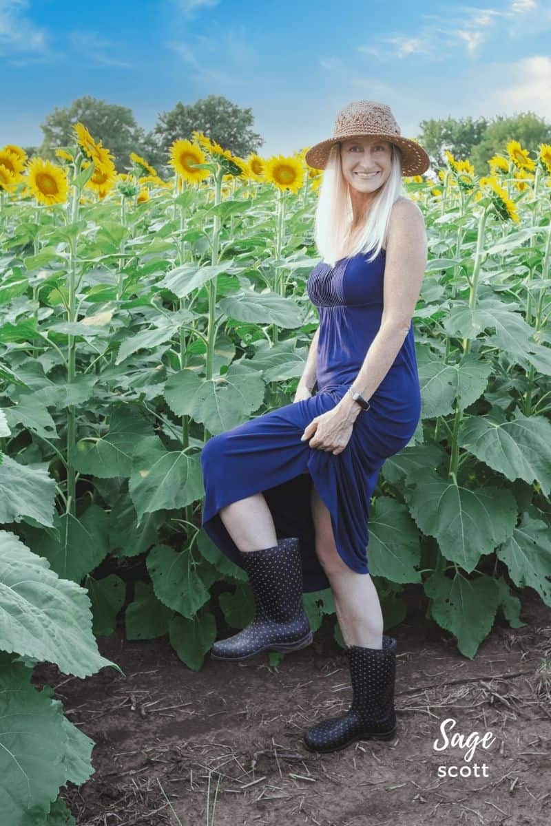 Sage Wearing Boots in the Sunflower Field