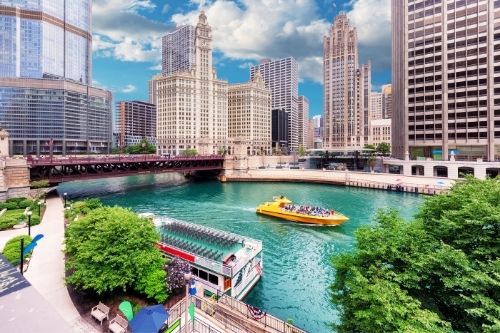 A boat on the Chicago River in summer