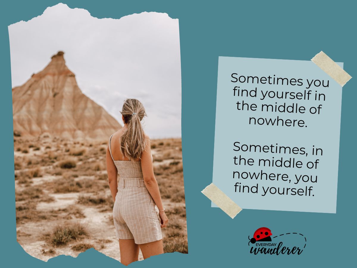 A woman gazes at a desert landscape, with an inspirational quote overlaid on the image.