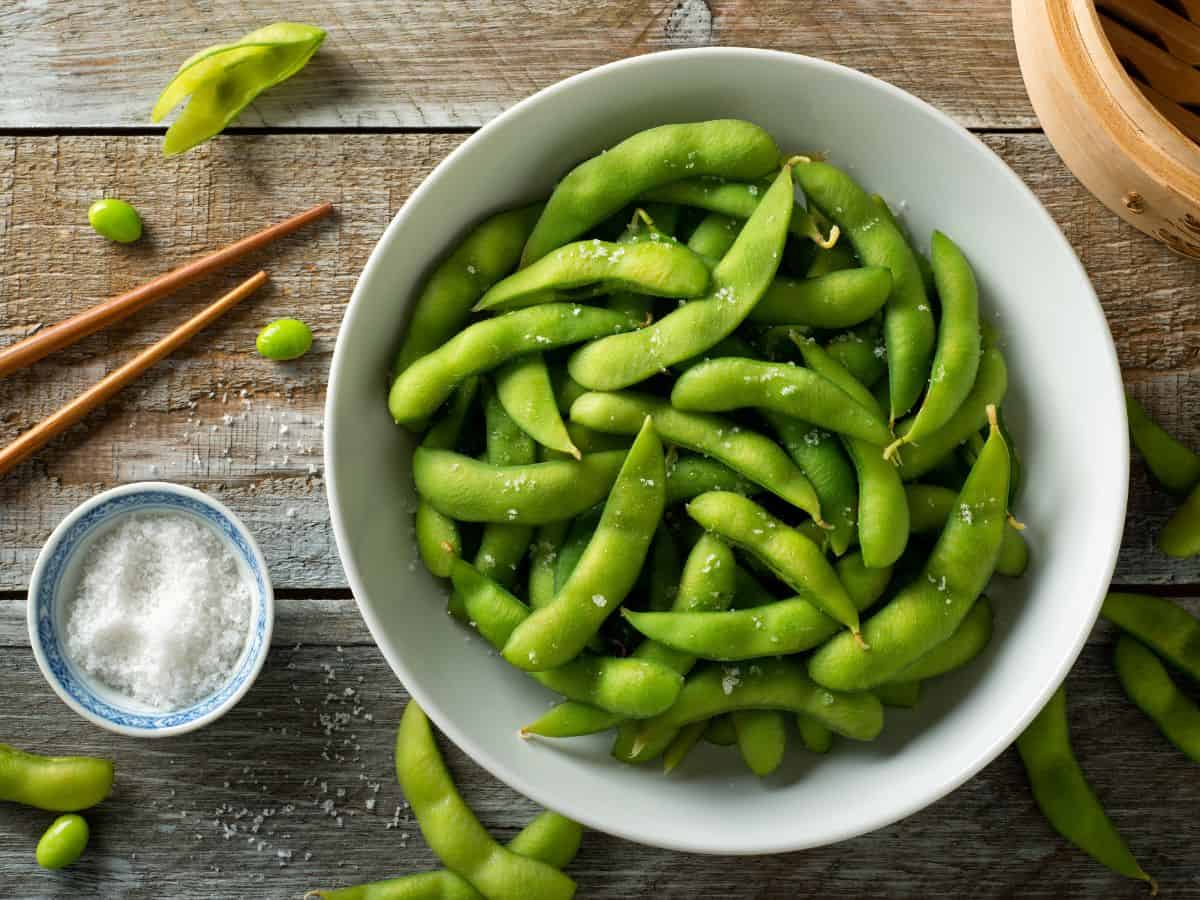 Bowl of Steamed Edamame with a Pinch Bowl of Salt