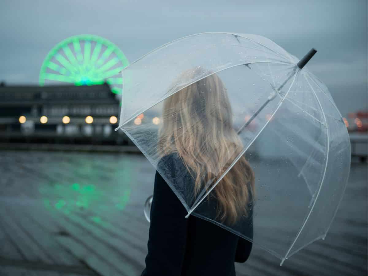Woman Looking at the Seattle Great Wheel in the Rain from Under an Umbrella