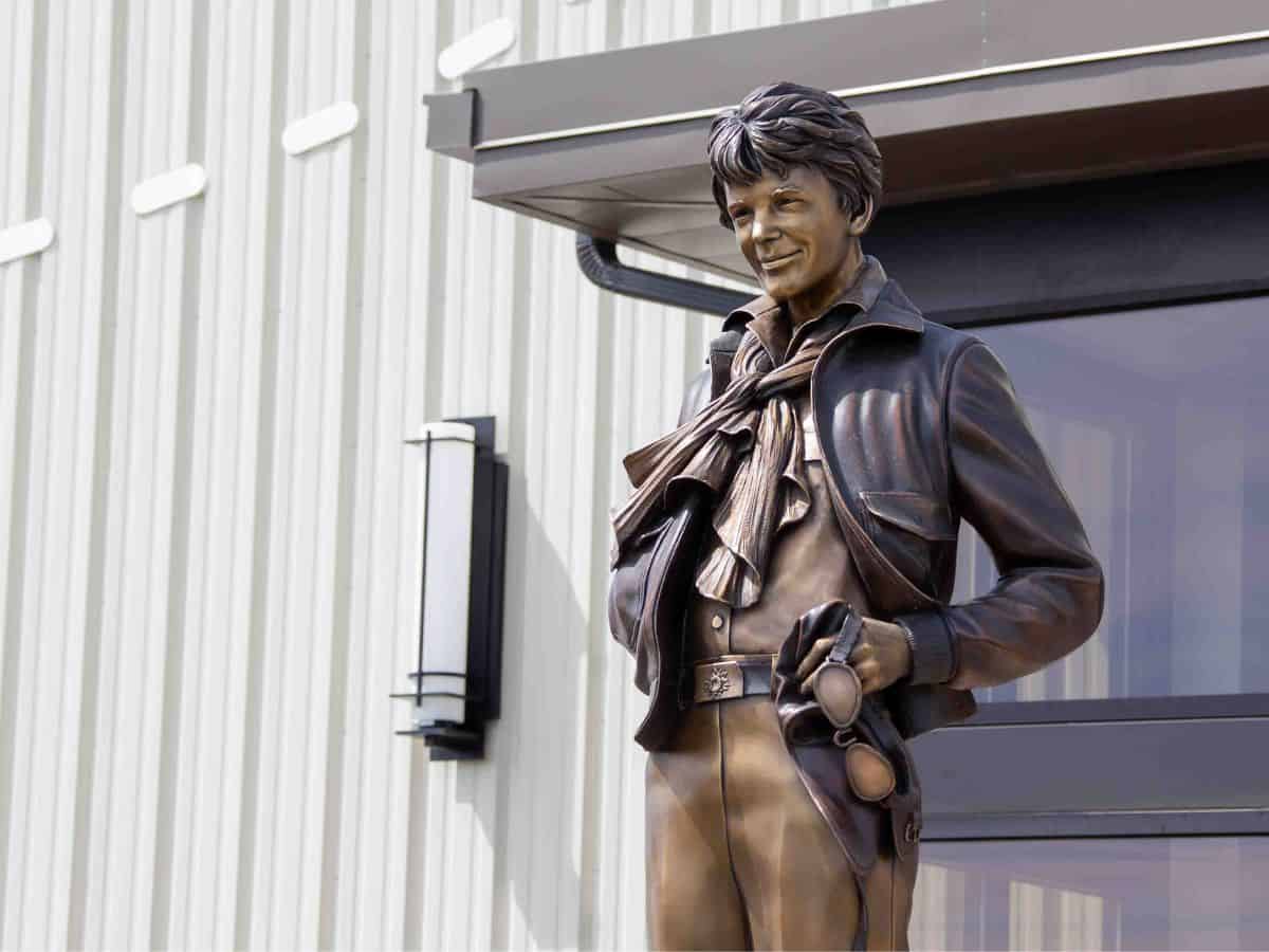A statue of aviatrix Amelia Earhart outside a museum in Atchison, Kansas.