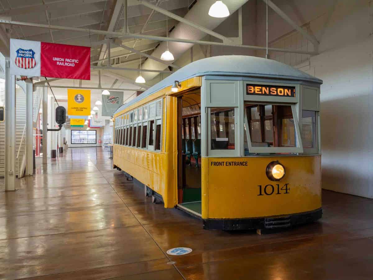Yellow streetcar at The Durham Museum in Omaha