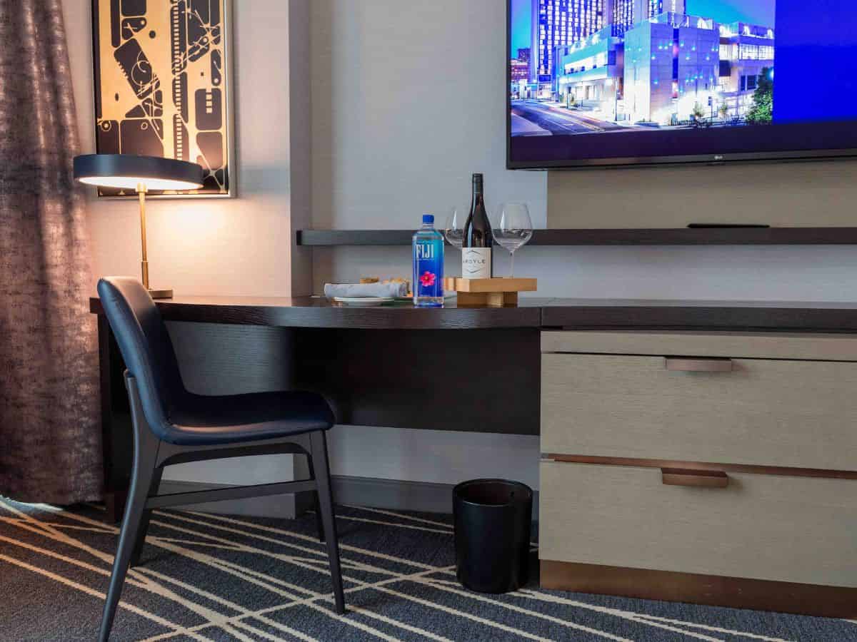 A Loews hotel room in Kansas City with a TV and desk.