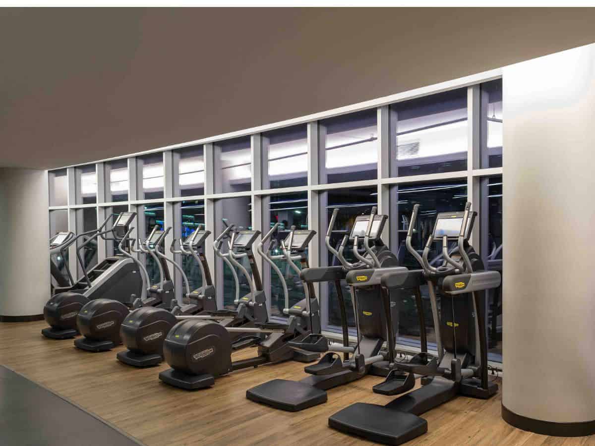 A row of treadmill machines at Loews Kansas City Hotel.