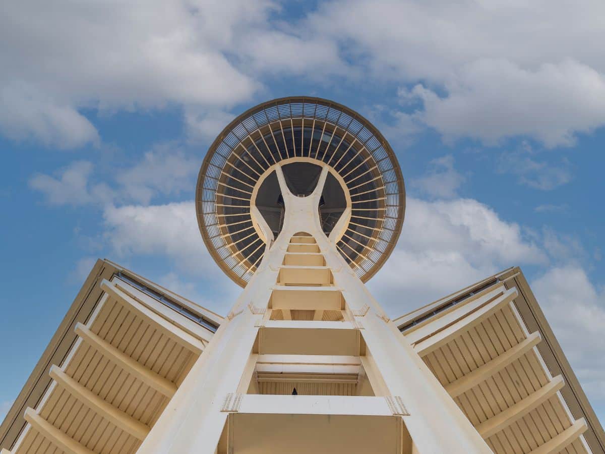 Looking up the Space Needle in Seattle, Washington.
