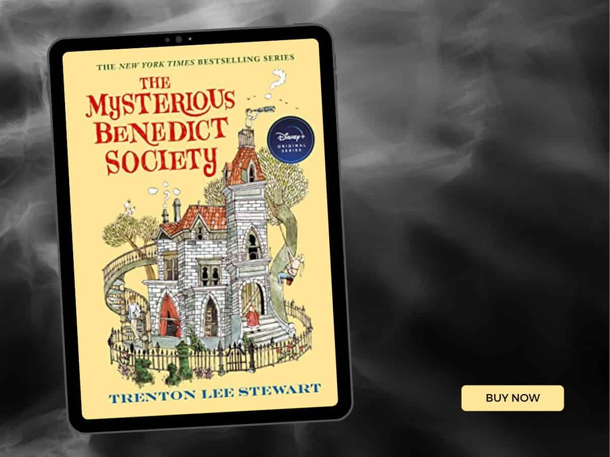 A tablet featuring the audiobook cover of the Mysterious Benedict Society, ideal for family road trips.