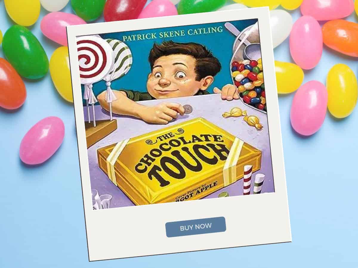 The Chocolate Touch audiobook featuring a boy and a box of jelly beans.