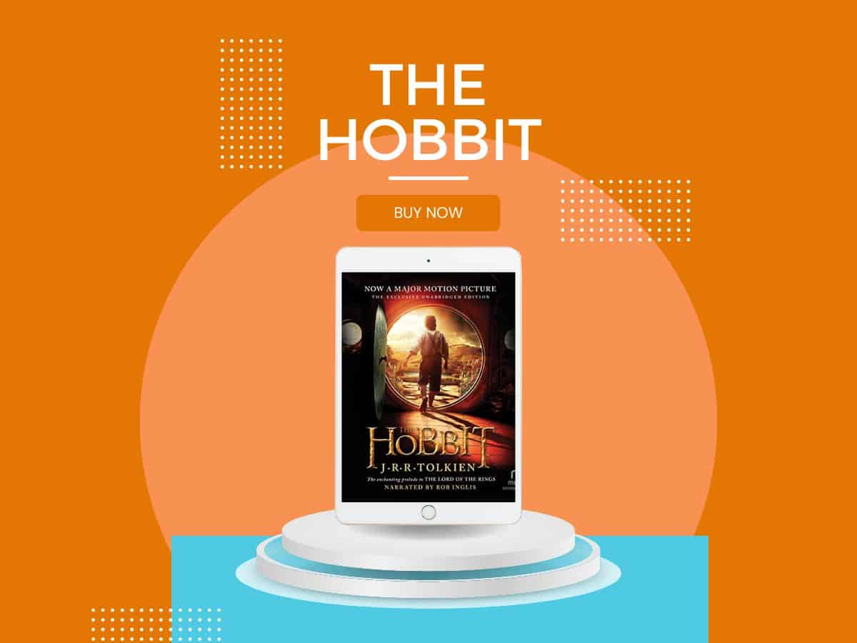 The hobbit book cover on an orange background - best family audiobooks.