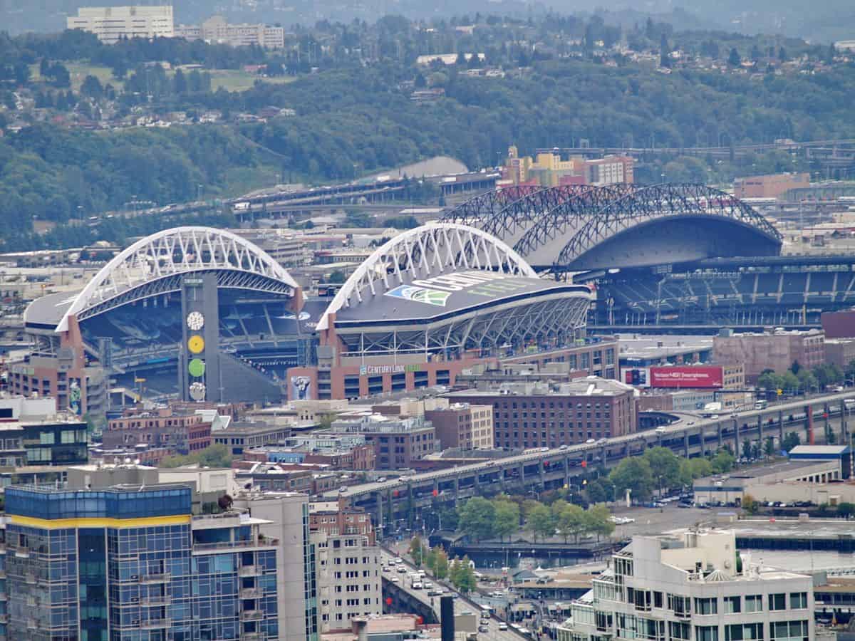 View of Seattle Seahawks stadium from a skyscraper.