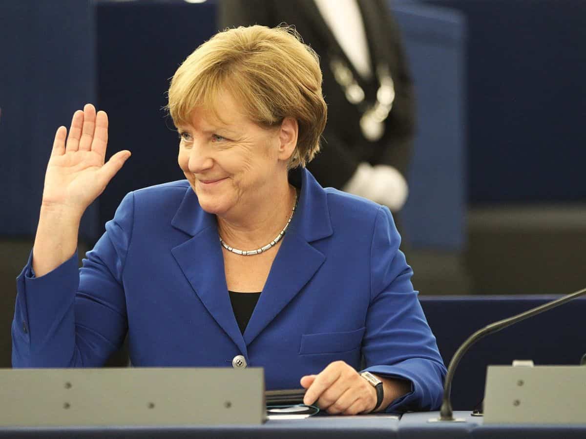 German chancellor Angela Merkel waves.