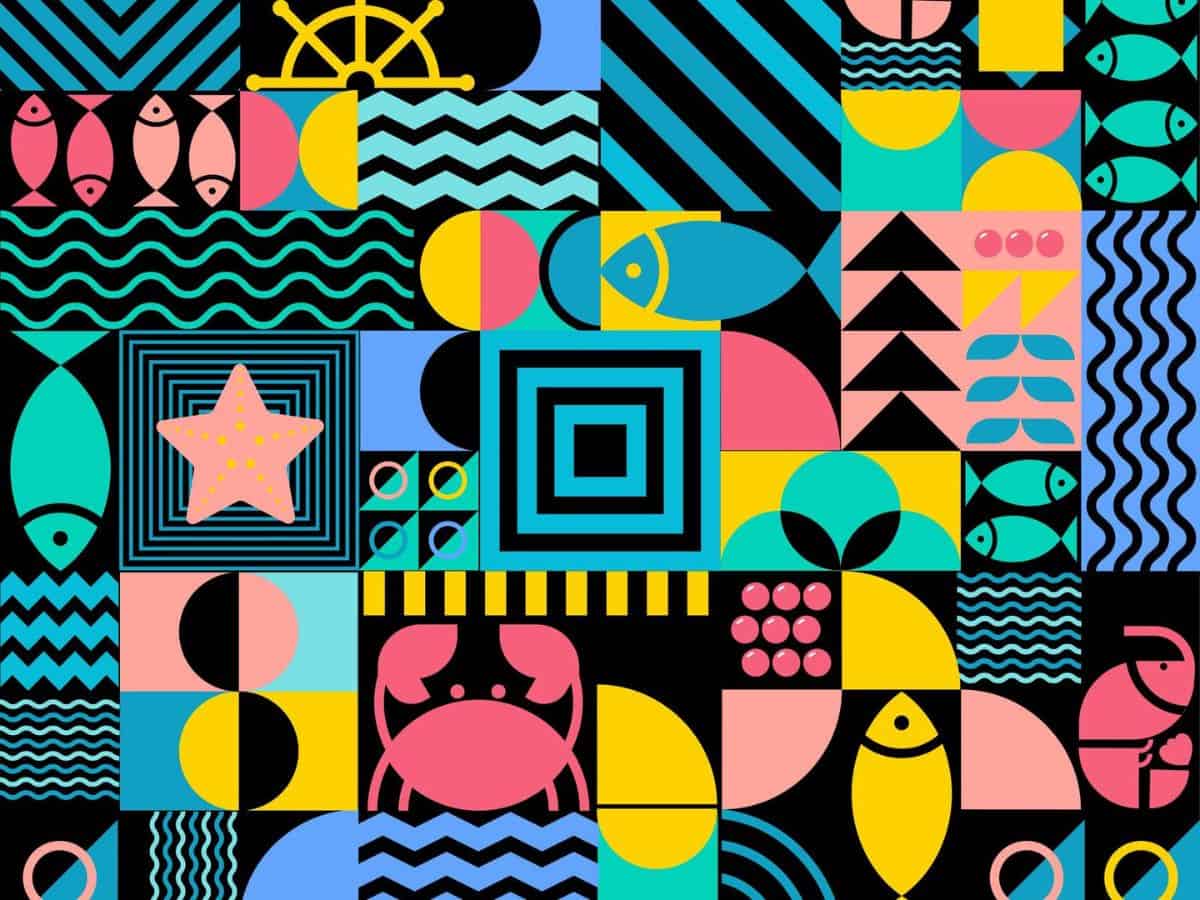 A colorful pattern with fish and other shapes based on the Bauhaus style of art.