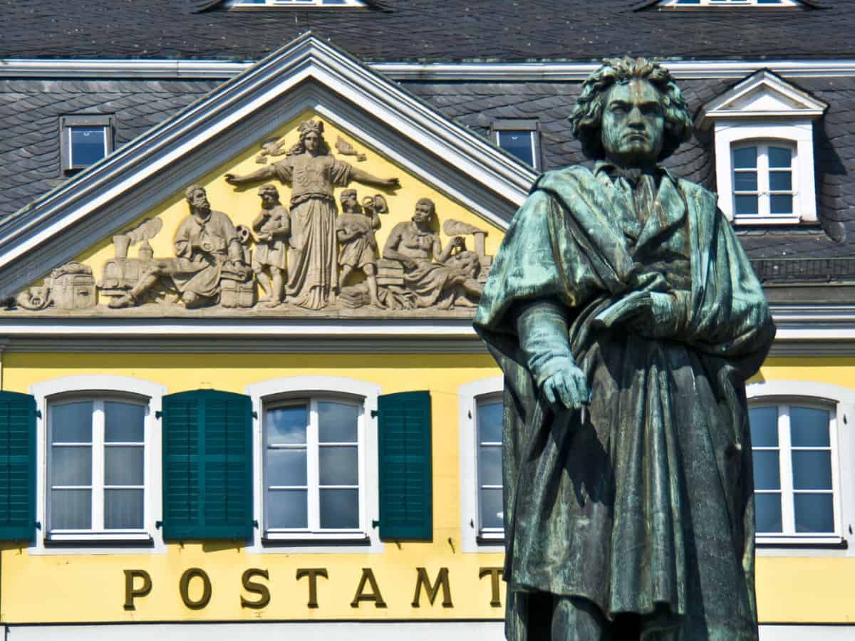A statue of Beethoven in front of the old post office in Bonn, Germany.