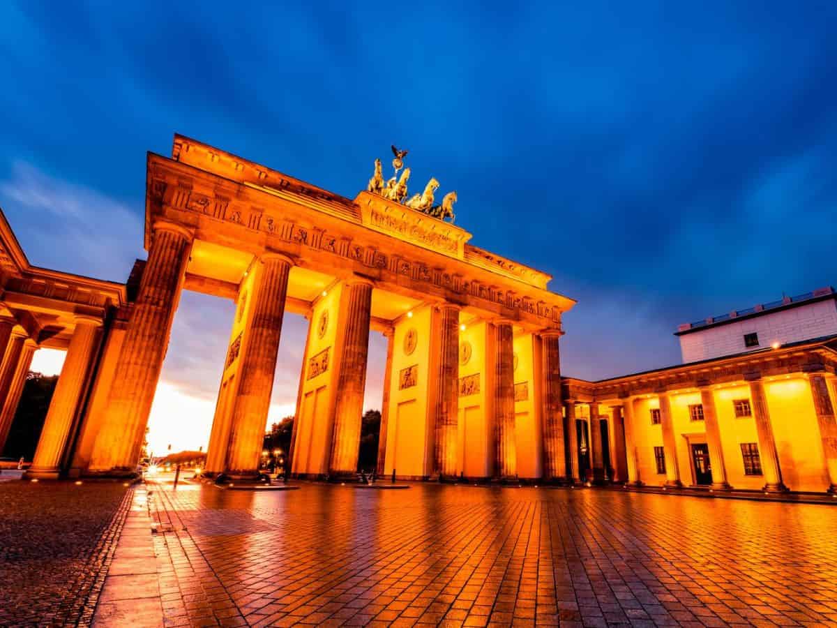 The famous Brandenburg Gate in Berlin, Germany, at dusk.