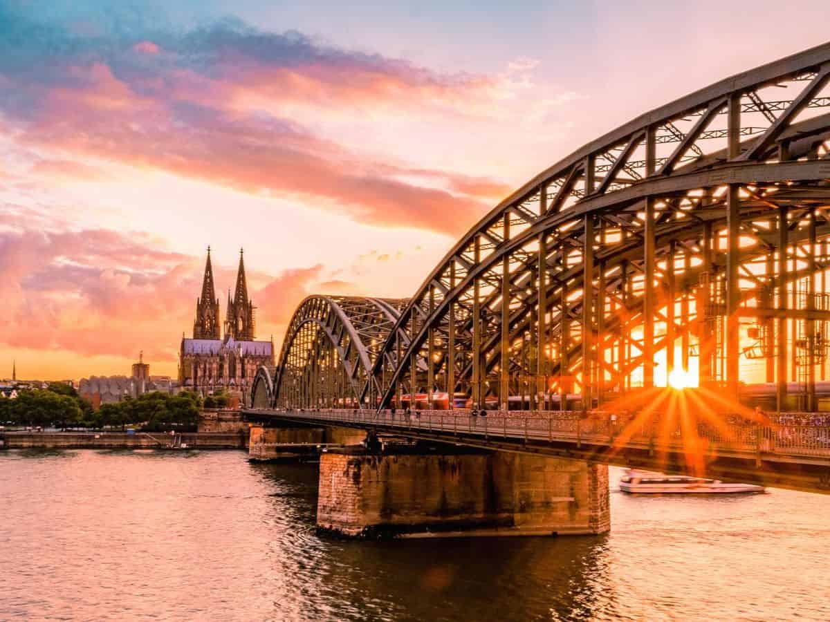 Cologne, Germany, at sunset with the cathedral in the background.