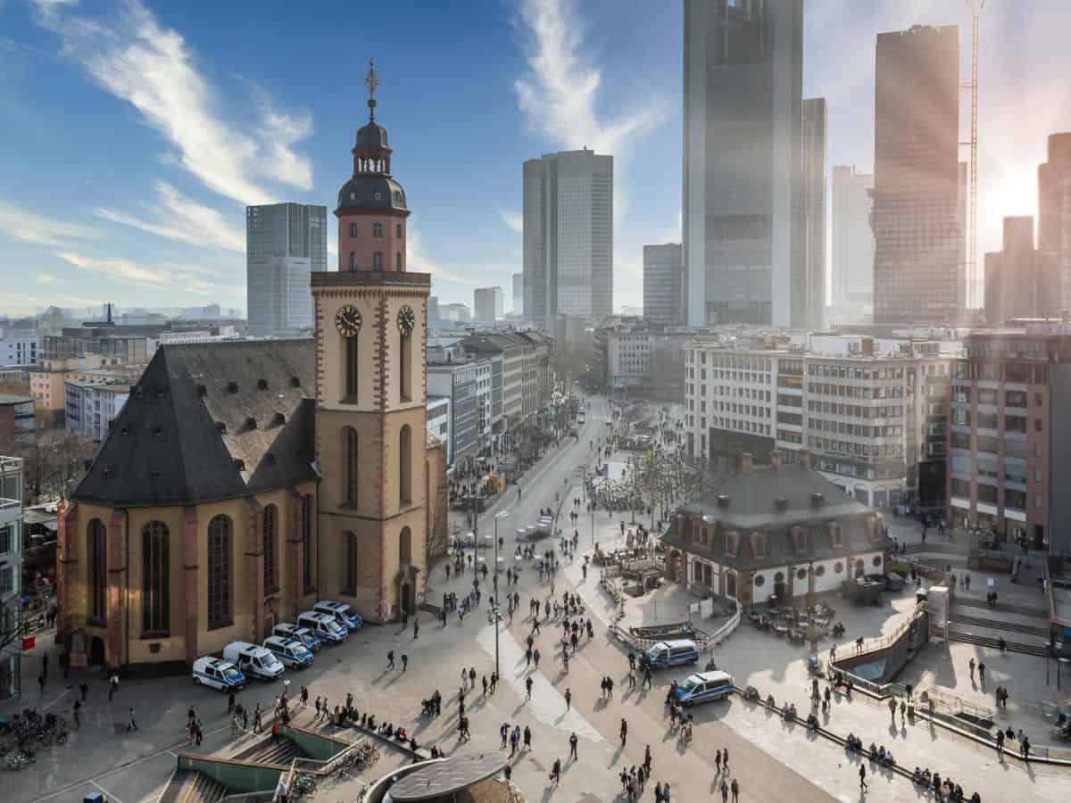 An aerial view of the city of Frankfurt, Germany, famous for its stunning architecture and vibrant financial hub.
