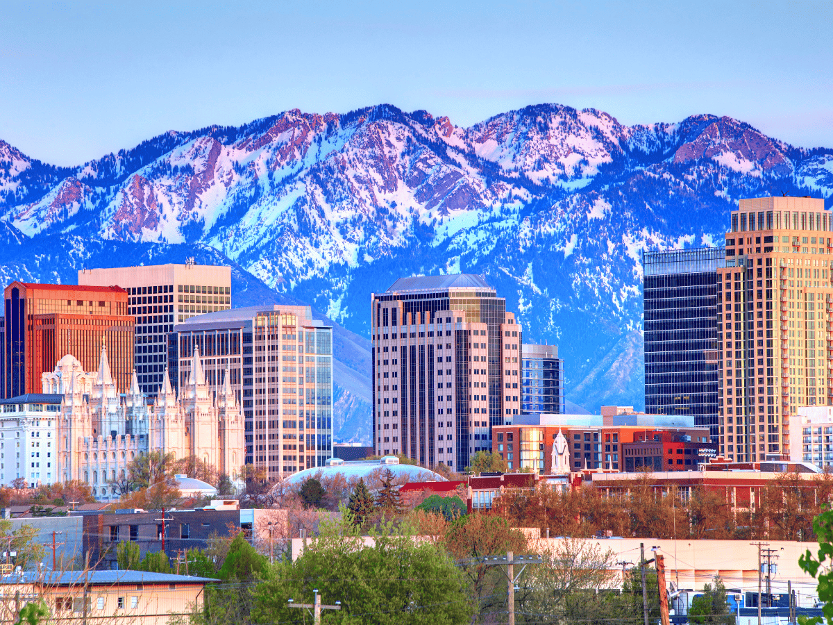 Downtown Salt Lake City with snowy mountains in the background.