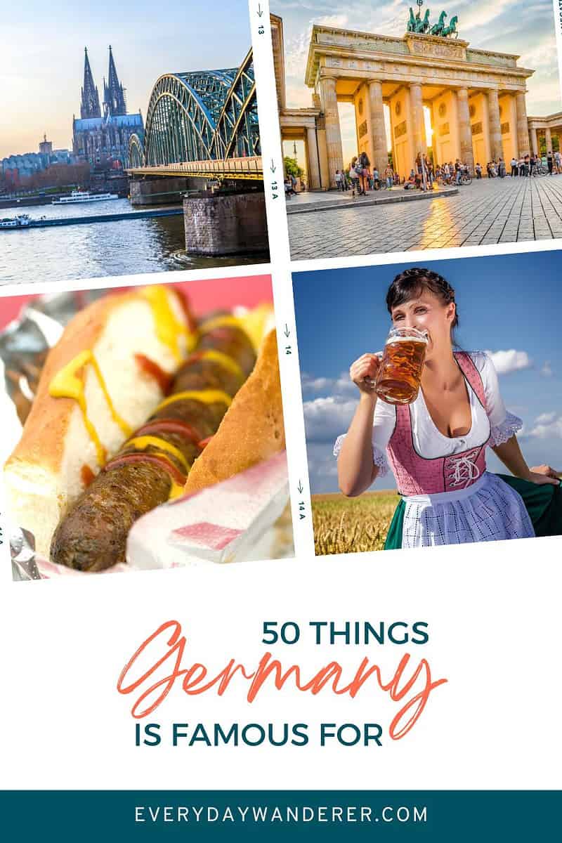 A graphic showing several things that Germany is famous for including bratwurst, beer, and its impressive architecture.